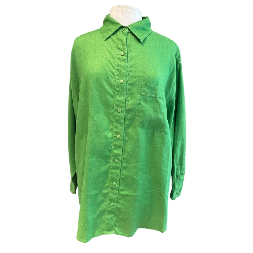 Westbound II Womens Green Linen Button-Up Shirt 1X Long Sleeve Collared Top